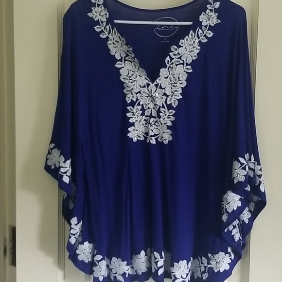 INC International Concepts Tops - I.N.C royal blue cape sleeve top w/embroidery L